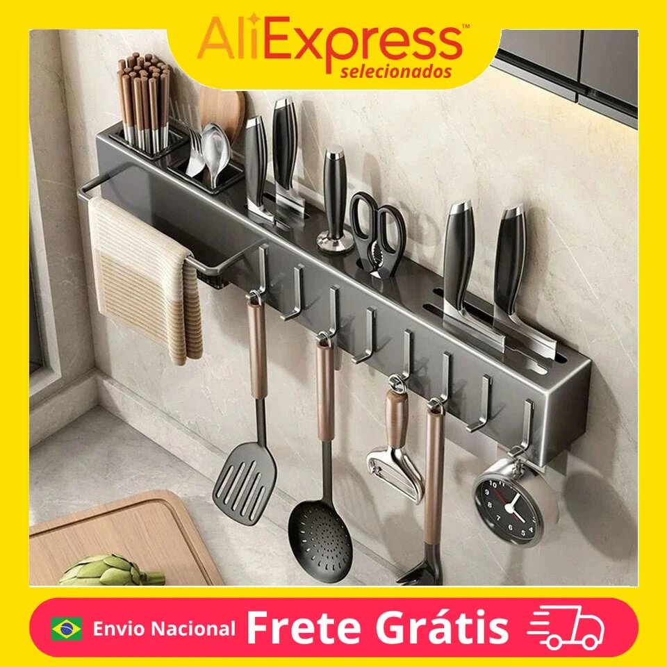 Wall Kitchen Organizer Shelf, Spice Storage, Rack, Knife Rack, Seasoning, Spice, Spoon, Shade, Silver