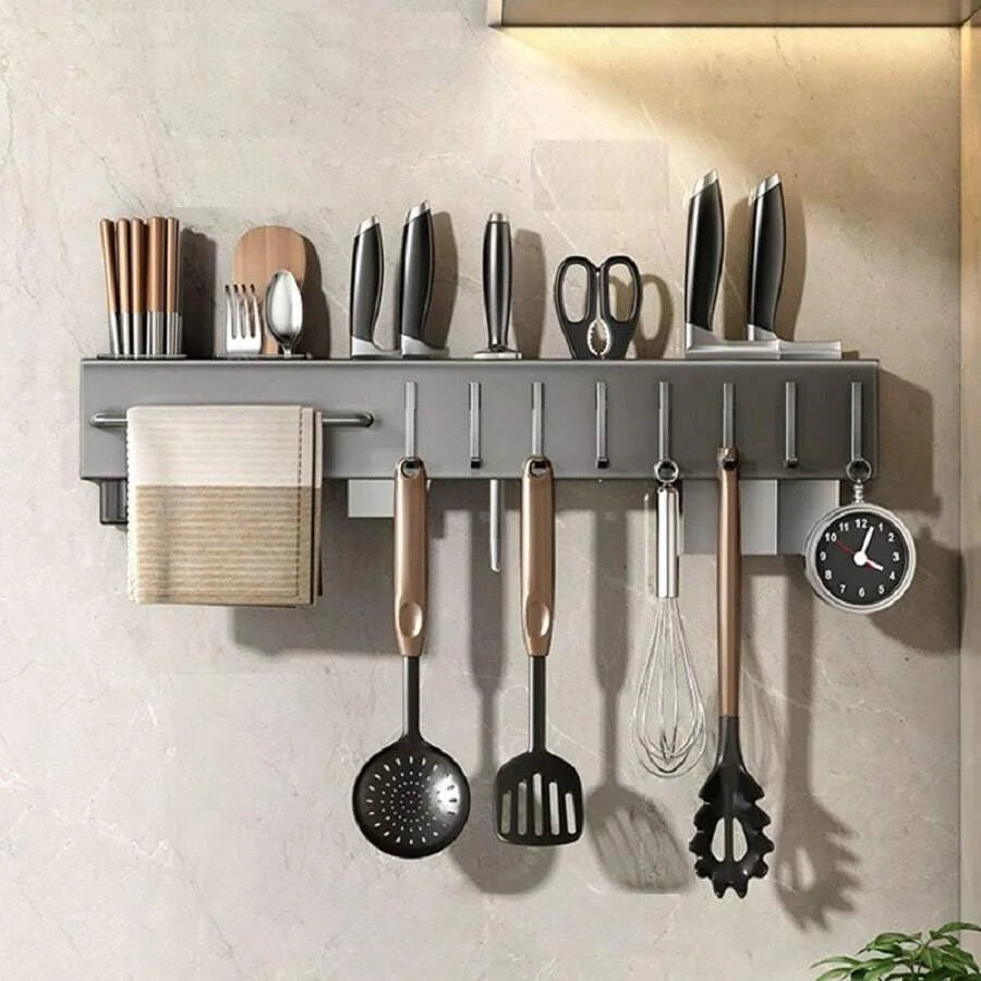 Wall Kitchen Organizer Shelf, Spice Storage, Rack, Knife Rack, Seasoning, Spice, Spoon, Shade, Silver