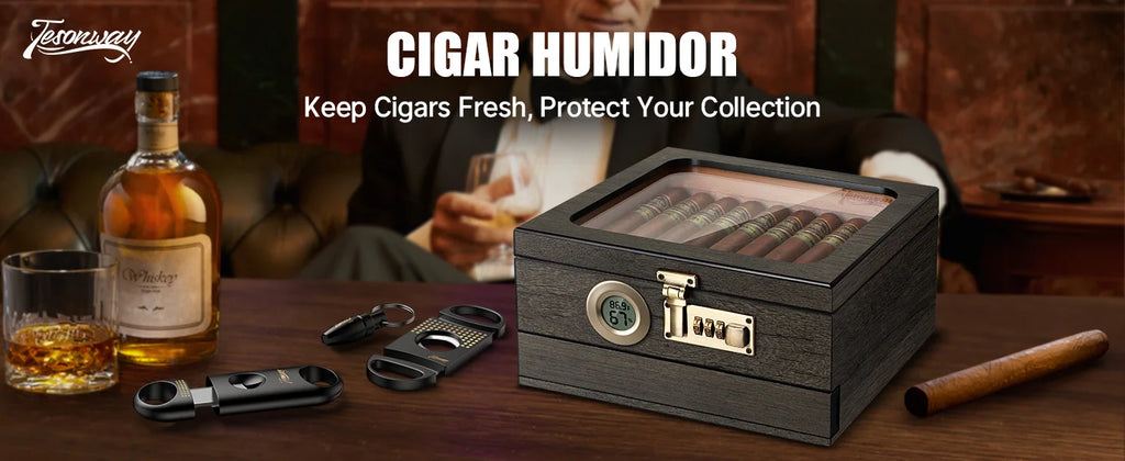 Umidificador de Charutos com Tampa de Vidro – Caixa de Mesa com Termo-higrômetro Digital, Umidificador, Divisória, Gaveta de Acessórios e Trava com Senha