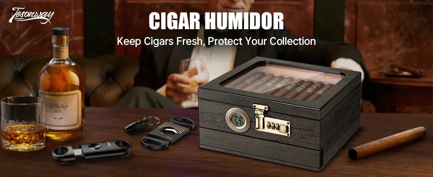Umidificador de Charutos com Tampa de Vidro – Caixa de Mesa com Termo-higrômetro Digital, Umidificador, Divisória, Gaveta de Acessórios e Trava com Senha