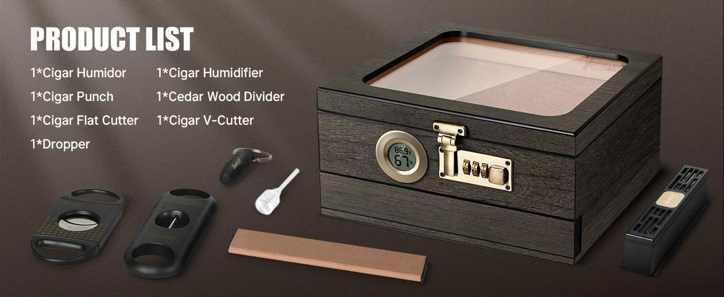 Umidificador de Charutos com Tampa de Vidro – Caixa de Mesa com Termo-higrômetro Digital, Umidificador, Divisória, Gaveta de Acessórios e Trava com Senha